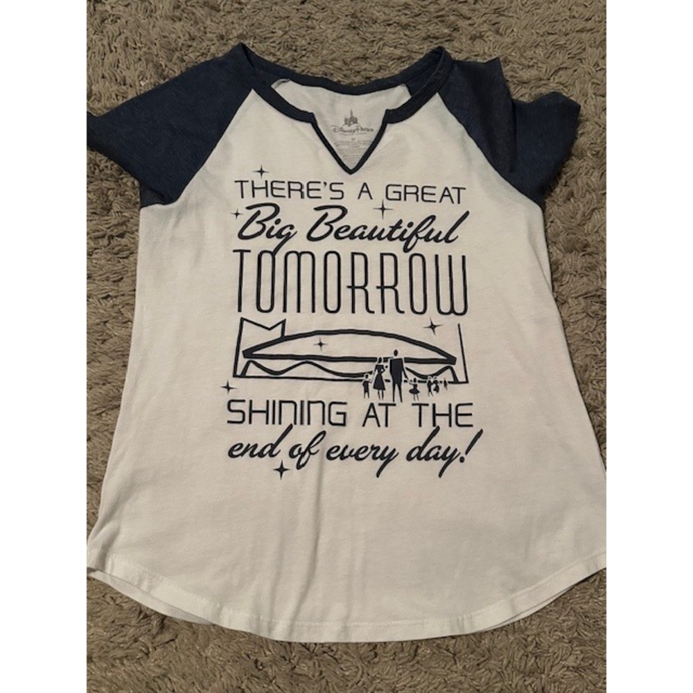 Disney‎ Parks Great Big Beautiful Tomorrow Raglan T-Shirt Adult White Blue